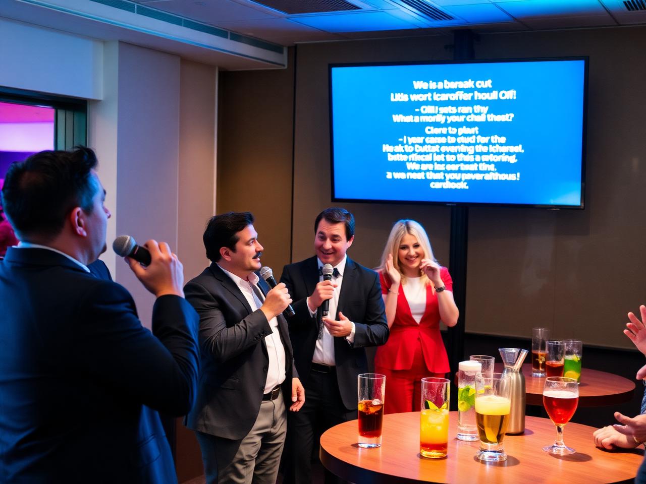 Corporate happy hour karaoke with TV lyric screen and microphones