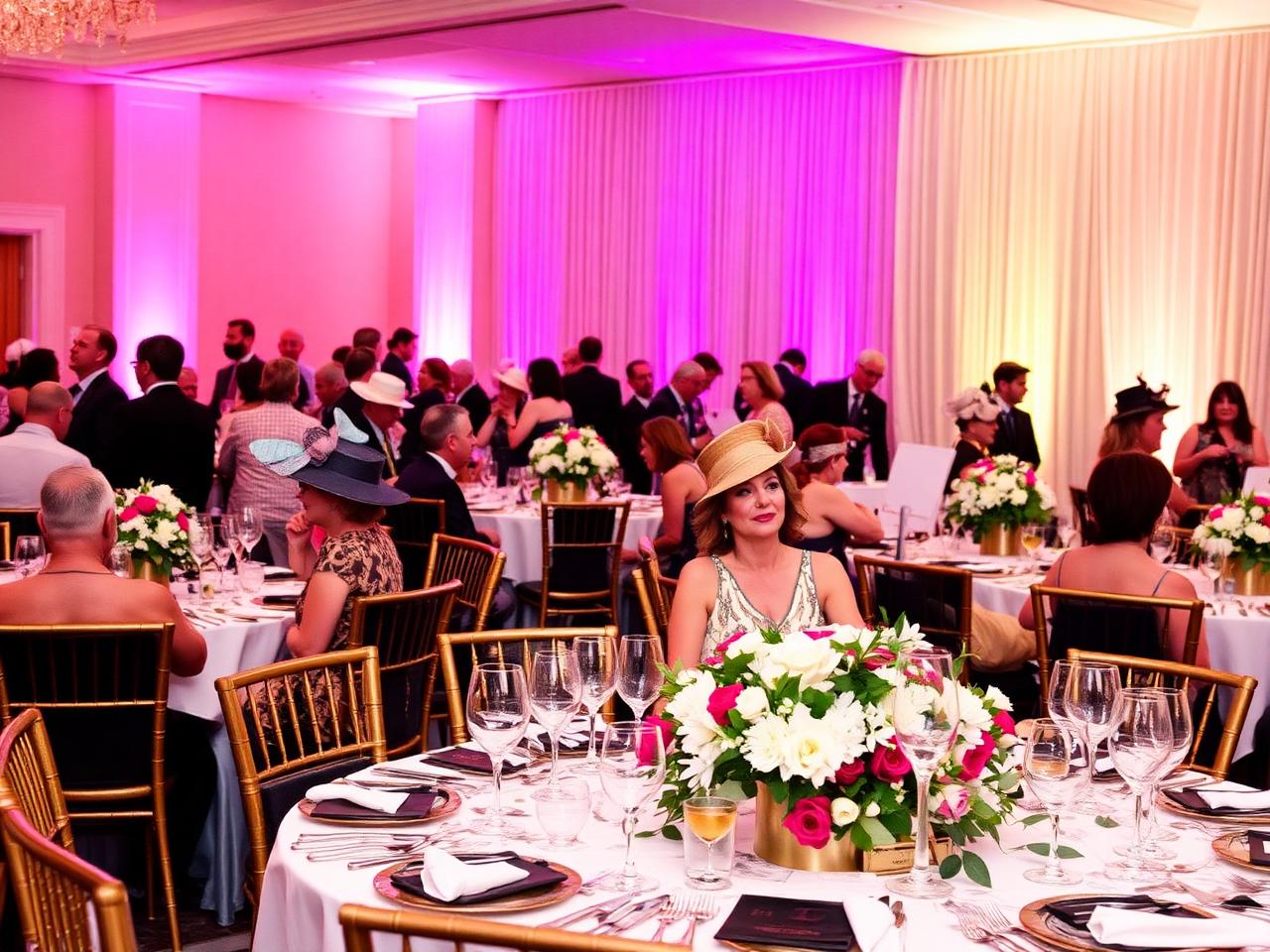 Derby-themed gala with guests in hats and pink uplighting