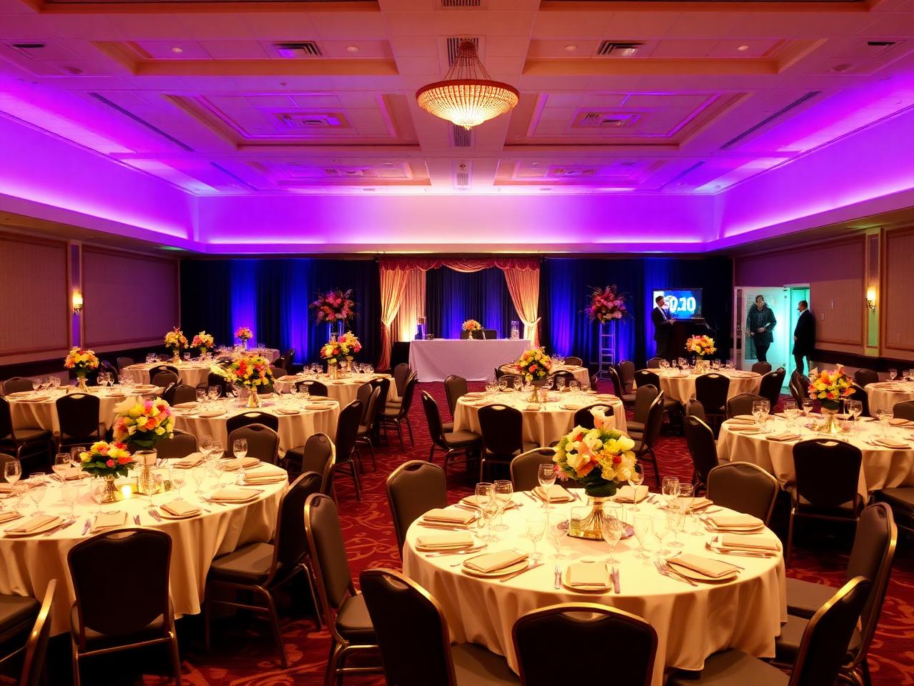 Fraternity fundraiser gala dinner with purple uplighting at Skirball