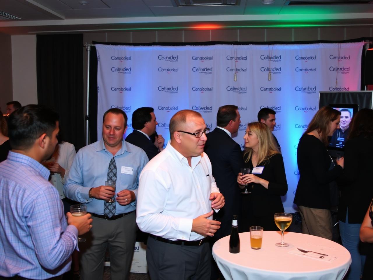 Chamber of commerce networking mixer with branded step-and-repeat backdrop